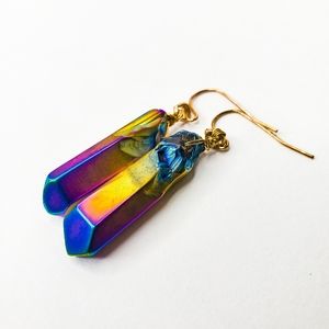 Rainbow Aura Iridescent Oil Slick Dichroic Titanium Quartz Point Earrings